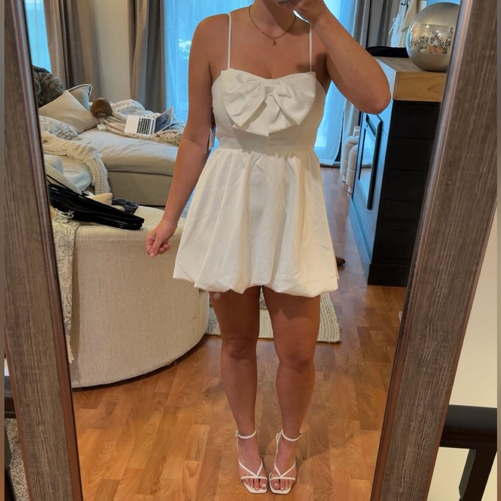 White Front Bow Bubble Hem Mini Dress Engagement Photos or Bridal Shower